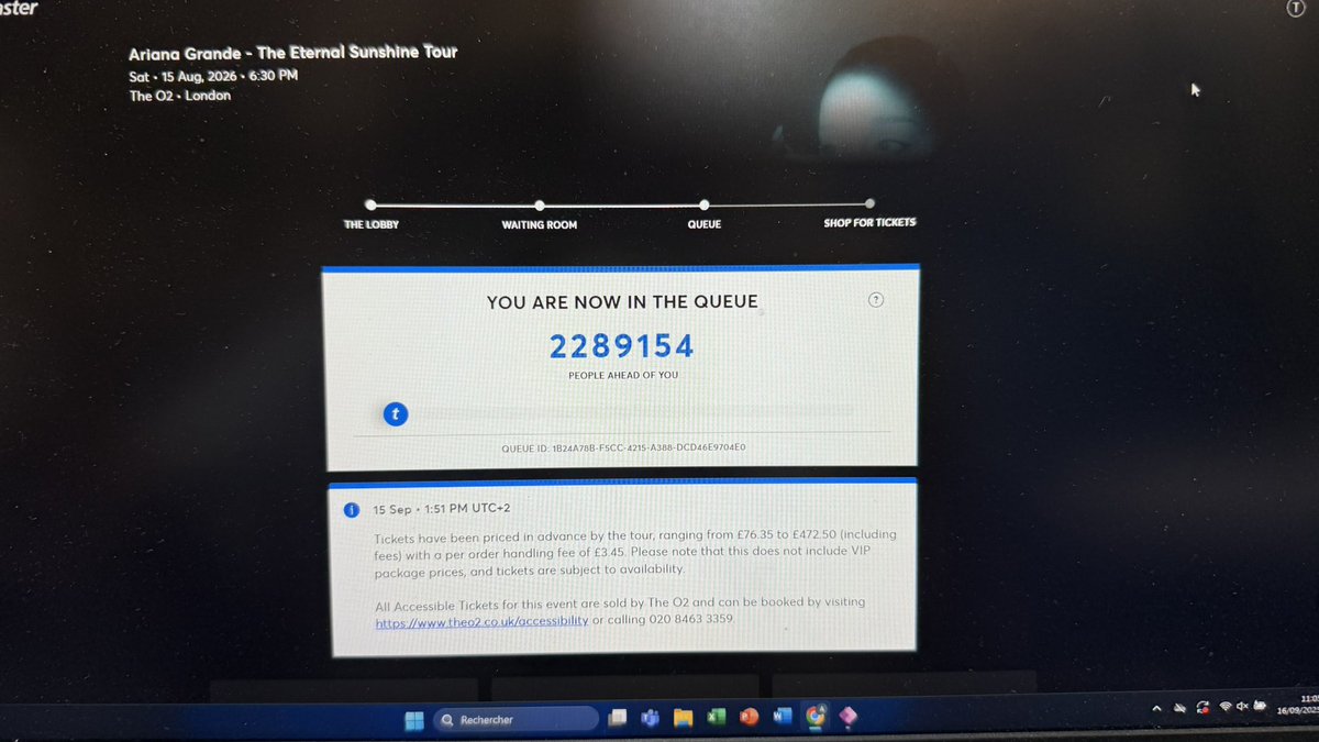 glindaupland's tweet image. There are currently over 2 MILLION people trying to get tickets to Ariana Grande’s “the eternal sunshine tour” in London.