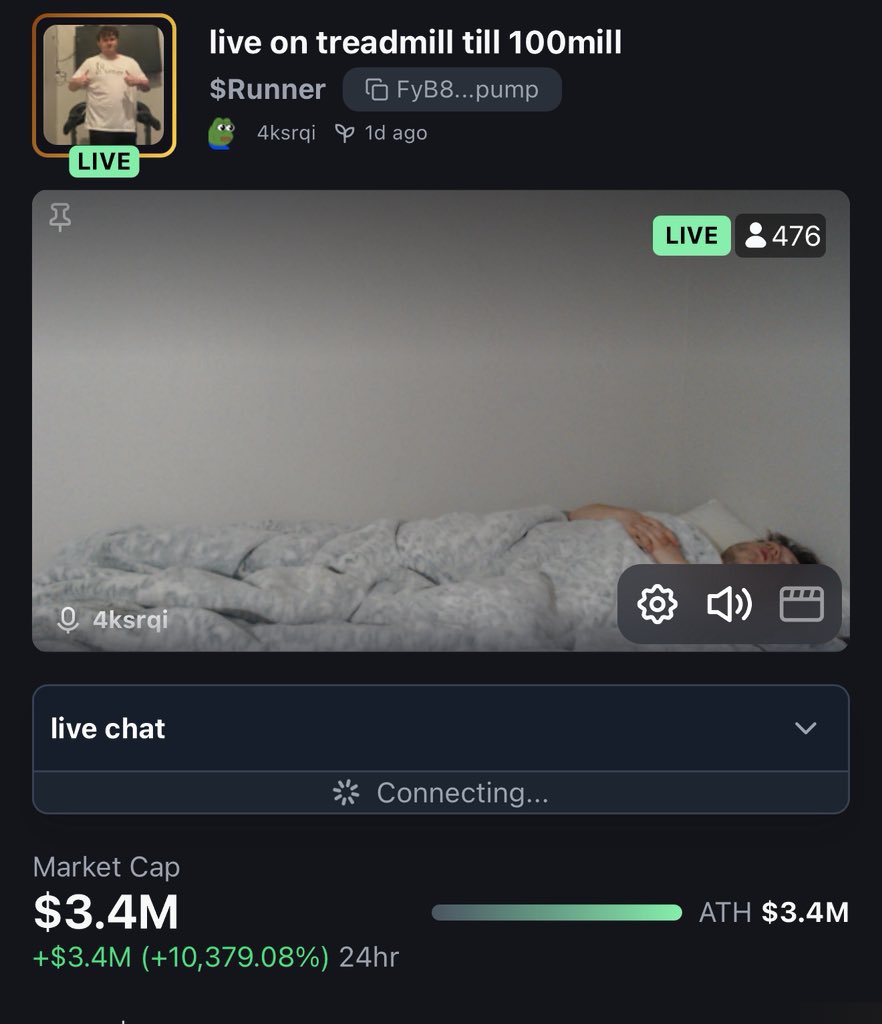 More than 400 ppl are watching this kid sleep, waiting for him to get up to his treadmill.

Almost 100k in creator fees already.
A true $runner.