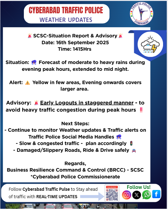 CYBTRAFFIC's tweet photo. Stay updated with Cyberabad Traffic Police social media & Traffic Pulse alerts. Follow diversions, avoid waterlogging points & drive safe with caution.
@scsc @cyberabadpolice
#cyberabadtrafficpolice #trafficupdate #trafficpulse #drivesafe #cybtraffic #cyberabad #hitechcity #staysafeeveryone #roadsafety #hyderabad #hyderabadtraffic #trafficalert #weatherupdate #rainalert #HydUpdates #safetyfirst #drivecarefully #followtrafficrules