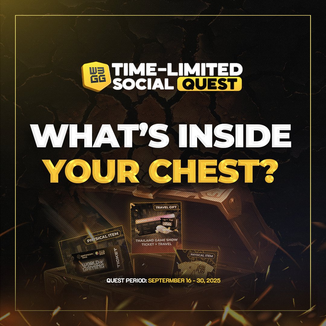 Flex Your Chest Rewards 🗝️

Yellow Hearts, your Treasure Chest Keys are now live in your wallets. Time to crack those chests open! 🏆

Redeem your rewards before Sept 30 for a chance at WXP boosts, in-game items, W3GG merch, and even a shot at winning a trip to the Thailand Game