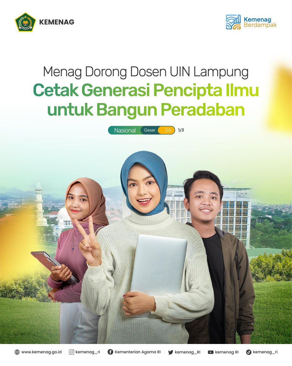 Kemenag_RI's tweet photo. Menag Nasaruddin Umar dorong dosen UIN Lampung tak hanya jadi 'Ahlul Khamis', tapi 'Muallif' (pencipta ilmu). Visi ini demi ciptakan generasi yang mampu membangun peradaban bangsa.
#Kemenag #UINLampung #PendidikanTinggi #GenerasiMuallif #Peradaban https://t.co/HA64Uhe03X