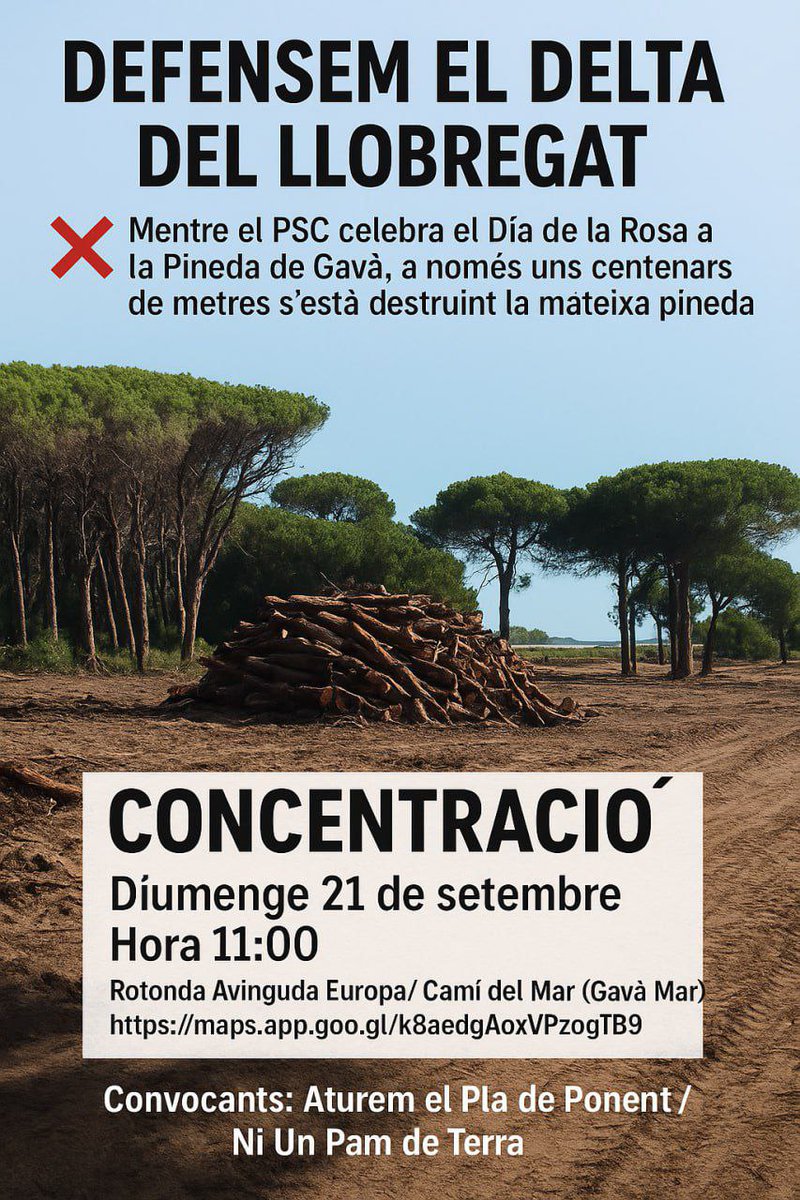 🔴 Convocatòria aquest diumenge a les 10h del matí a la plaça de la Vila del Prat, per anar plegats cap a Gavà a dir al PSC que ja n'hi ha prou d'agredir el delta del Llobregat ❌