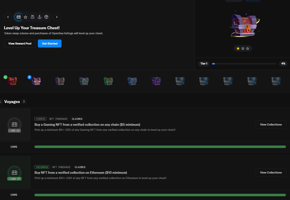 Opensea 마지막 에어드랍 작업 Opensea에서 오늘부터 29일동안만 진행되는 TGE 이전 마지막 캠페인을 진행합니다. 이전에  Opensea XP를 얻기위해 진행되던 각종 캠페인들과 NFT 거래 및 토큰 스왑을 통해 상자를 총 12단계까지 업그레이드 할 수
