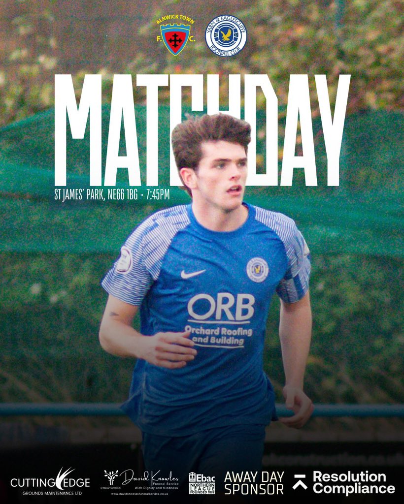MATCHDAY. 

📍St James Park, Alnwick
⌚️ 7:45pm KO
🆚 <a href="/AlnwickTownAFC/">Alnwick Town</a> 

Thanks again to Resolution Compliance for sponsoring our away games 🤝

Hope to see some travelling Yarm fans there!

#UTYAE