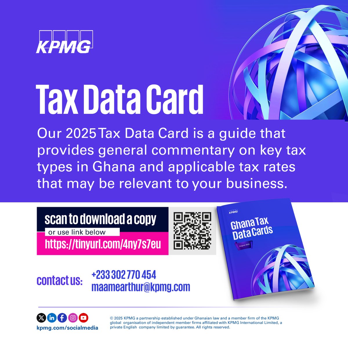 We’re pleased to share our 2025 Tax Data Card. This is a practical reference tool designed to support your business with clear, concise commentary on key tax types and applicable rates in Ghana. 

Kindly scan to down a copy or click here: tinyurl.com/4ny7s7eu

  #KPMGGhana