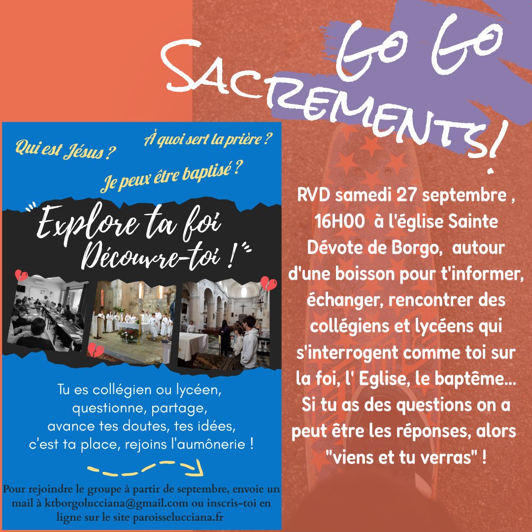 Rdv samedi 27 septembre, 16h00 à Sainte Dévote, pour les lycéens, collégiens qui s'interrogent sur la foi, l'église, le baptême... osez franchir le pas et vous informer. Un temps de convivialité est prévu pour répondre à toutes vos questions. On vous attend !
Merci de partager !