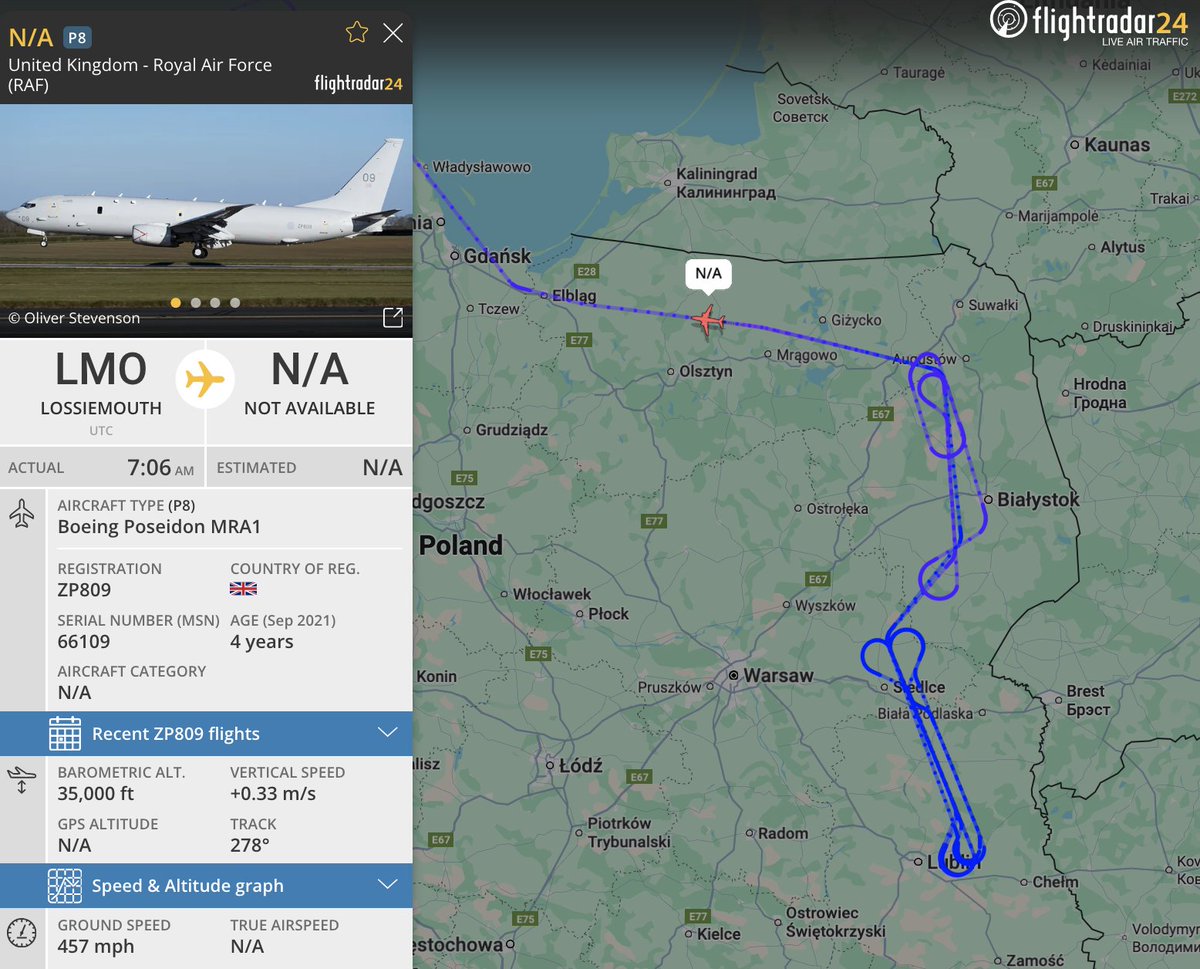 alternativewip's tweet photo. #USNavy 2x USN P-8A poseidon seen on the flight radar yesterday, circling and operating over the baltic sea off the coastline of kaliningrad russia. #AE6878 #AE67C2
#RAF poseidon MRA1 also included operating to the east of poland close border with belarus. #43C920 https://t.co/41W9C4wjmv