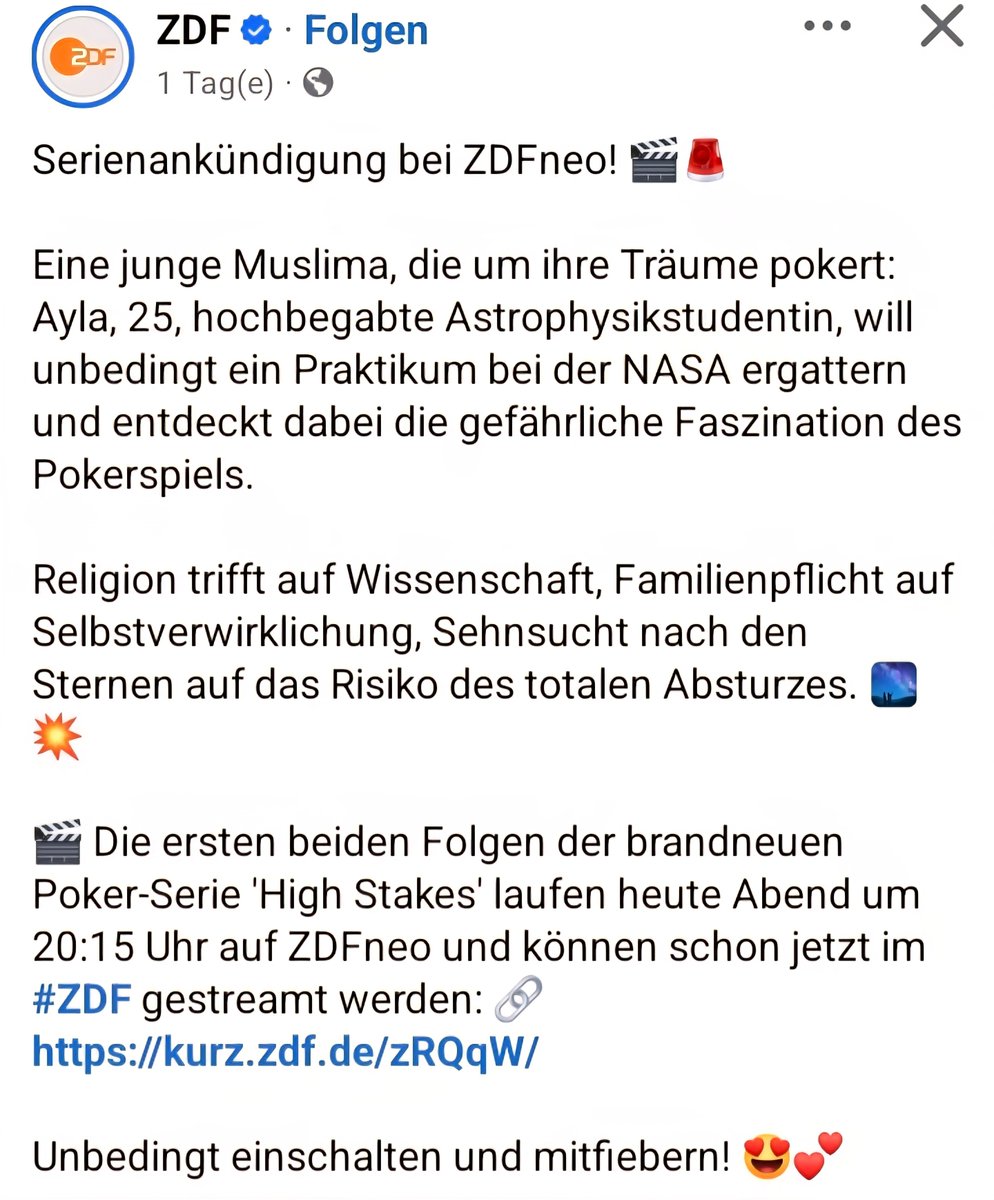 Welcher Sendeauftrag wird hier erfüllt, <a href="/ZDF/">ZDF</a>? Ihr verprasst hier Beitragsgelder für sehr viel woken Quatsch. Denn nicht nur, dass die kopftuchtragende Astrophysikstudentin mithilfe von Glücksspiel zur NASA will - ihr deutscher Pokerfreund ist auch noch mit ihrem türkischen Bruder