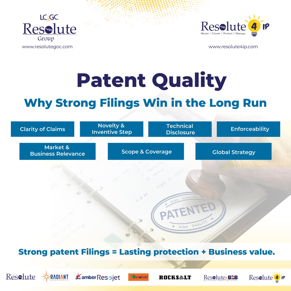 Patent Quality Matters.
Strong patents aren’t just protection, they’re strategy.
A well-drafted filing means market advantage, not litigation.
Invest in quality.
Win in the long run.

#Resolute4IP #PatentQuality #IPStrategy #IntellectualProperty #PatentFiling #LCGCResoluteGroup