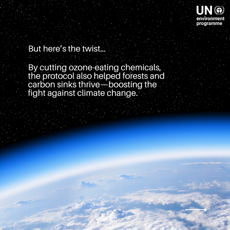 UNEP's tweet photo. One global pact quietly changed the course of our planet’s future.

Not only did it help heal the ozone layer, but it’s also reversing the impacts of climate change.

Wondering how? Our article explains: https://t.co/1u00MRVsjP #WorldOzoneDay