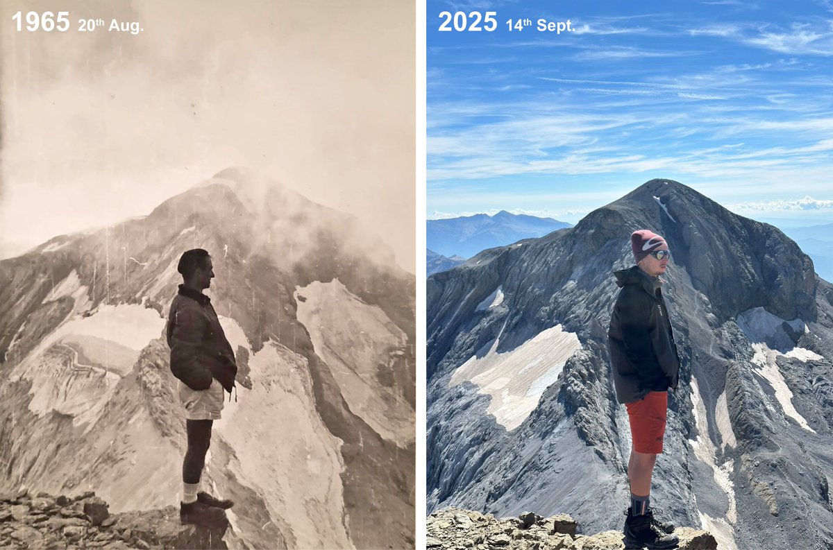 Monte Perdido
1965 | 2025

How moving! 🤍
 
Jaime, standing on the same stone as his grandfather 60 yrs later, on top of Cilindro de Marboré (3325m)! 🏔️⏳🔥

Monte Perdido (3355m) at background! 

In 20th c, there were glaciers on W face of Perdido!

📷 Joaquín and Jaime Romeo 🙏