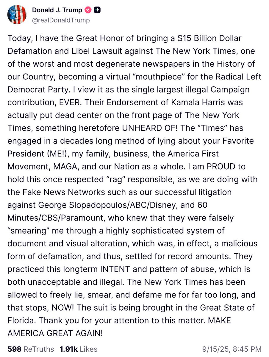goRubenRuben's tweet photo. Oralè Resister
The White House Mobster:
“America’s favorite president,me” is suing the NYT for $15 Billion for defamation of character?
The Trump media corporation shakedowns continues!
#TrumpShakedown #NYTimes #USDemocracy #Colbert #Emmys2025 #NoReyes https://t.co/uaH6mARveZ