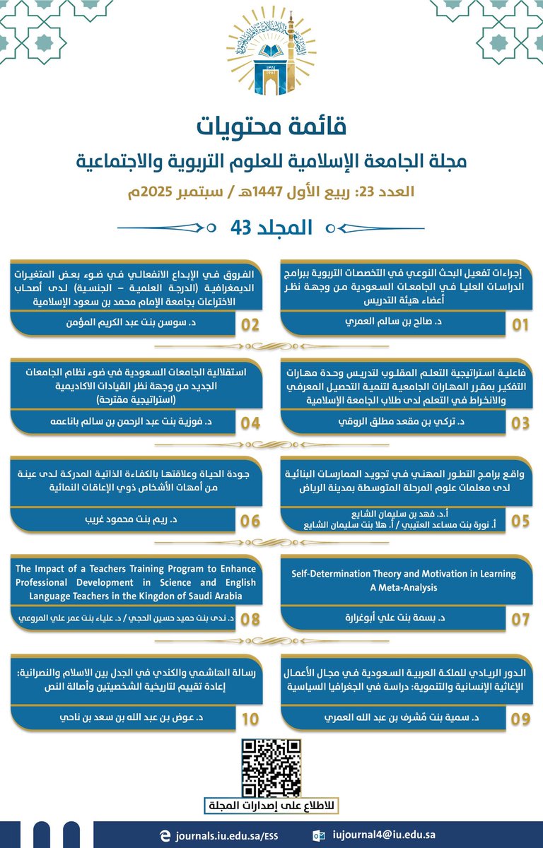 #صدر_حديثا عن مجلة الجامعة الإسلامية #للعلوم_التربوية_والاجتماعية العدد(23) المجلد(43-44).
ويحتوي العدد على (20) بحثا علميا محكما.
رابط تحميل العدد:
journals.iu.edu.sa/ESS/Main/Downl…