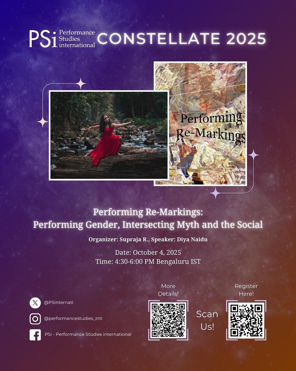 This online constellation of events, gathered under the theme of ‘Performing Re-Markings,’ draws inspiration from Supraja R’s research on ‘Cleaving’ queer/non- conforming aesthetics.

For more information &amp; to register for the program, please scan the QR codes in the image.