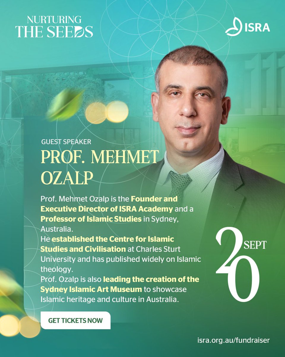 📌 Prof. Mehmet Ozalp

Founder of ISRA Academy and visionary behind the Sydney Islamic Art Museum 🎨, Prof. Mehmet Ozalp has dedicated his life to Islamic studies and building institutions that preserve our heritage.
Be inspired by his vision at the Isra Fundraiser.