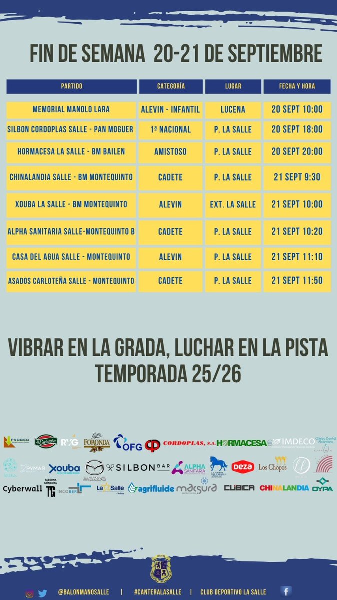balonmanosalle's tweet photo. 🆕Os dejamos el planning para este fin de semana.

✈️ Visitamos Lucena para participar en el IV Memorial Manolo Lara.

🏠 El primer equipo recibe al @CBMPAN en liga y nuestro filial disputará un amistoso contra @BalonmanoBailen 

📆 Domingo recibimos a la base de @BMMontequinto https://t.co/AbVZBMrVIS