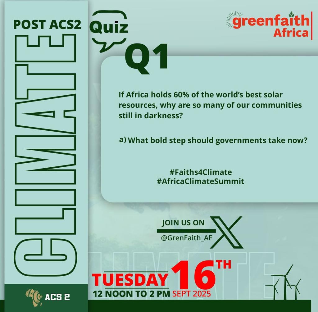 Africa holds 60% of the world’s best solar resources, yet millions remain in darkness.

What bold steps should our governments take to change this?

#ACS2 | #Faiths4Climate