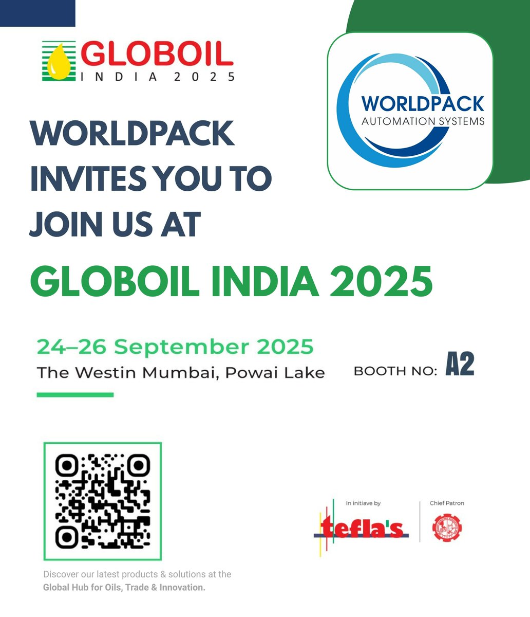 📢 Mark your calendars!
Worldpack Automation is excited to be at Globoil India 2025 🛢️🌍

📅 24–26 Sept 2025
📍 The Westin Mumbai, Powai Lake
📌 Booth A2

Discover our latest automation &amp; packaging solutions for the oil &amp; FMCG industry. Let’s connect &amp; innovate together!

#India