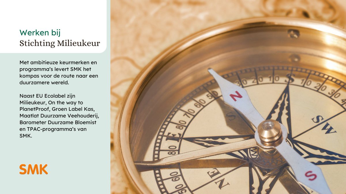 De missie van SMK is het ontwikkelen, beheren en toetsen van transparante criteria om zo duurzamer produceren en consumeren mogelijk te maken.

Wil jij werken bij Stichting Milieukeur? Bekijk de openstaande vacatures 👉 duurzamevacaturebank.nl/company/smk-st…

#duurzaamwerk #duurzaambedrijf