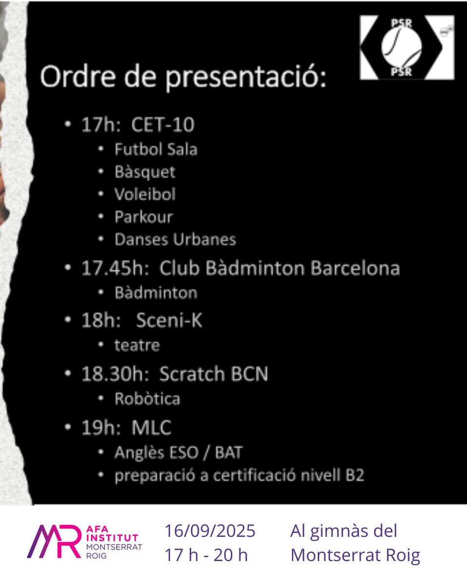 Famílies del Montserrat Roig,
🧠 Recordeu ‼️
Aquesta tarda tenim la reunió de presentació de les activitats extraescolars del curs 2025-26
⚽ 🏀 🏸🎭 💂‍♀️ 💻 💃

🔗 afamontserratroig.cat/serveis/extrae…

#somafa #somsecundària #somelroig