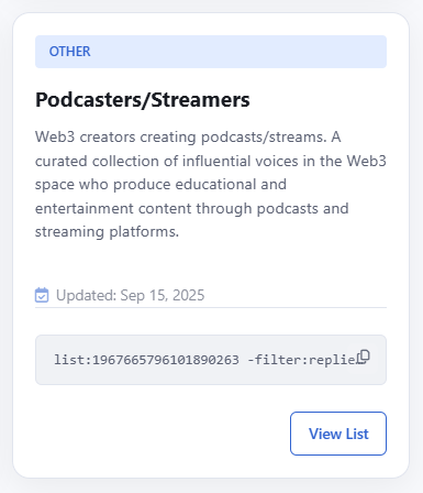 Web3Lists_'s tweet image. New unique list!

Web3 Podcasters/Streamers