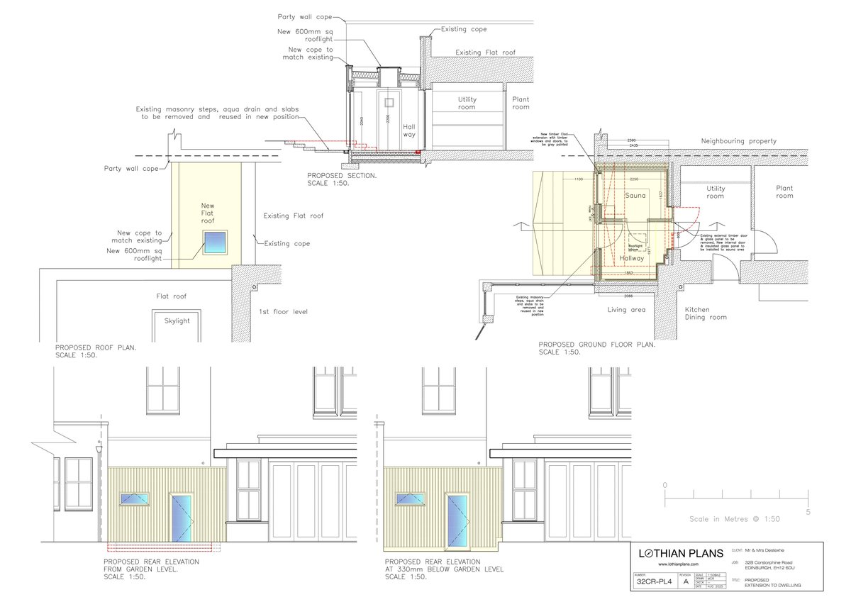 📍 32B Corstorphine Road Edinburgh EH12 6DU
👉 Compact single-storey rear addition introduces sauna, flat roof with skylight and new rear door, clad in vertical timber to tie into the garden.  .
⚖ Scale: 2/10
📂 Ref: 25/04590/FUL
🔗 tinyurl.com/yn96fozp