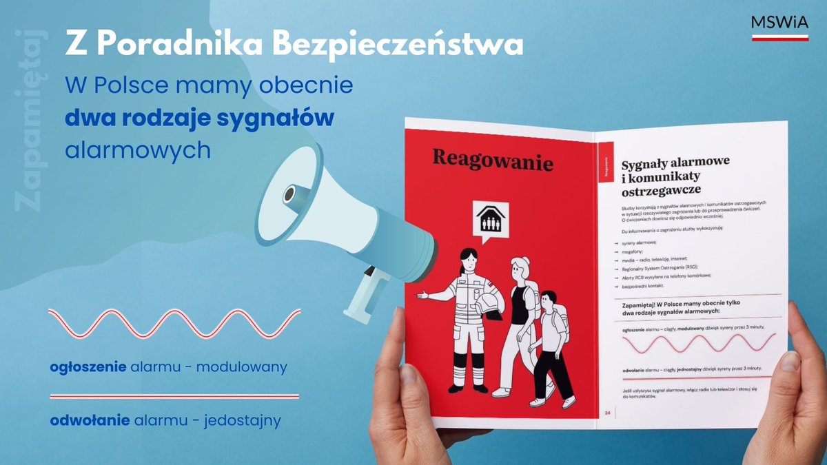 MSWiA_GOV_PL's tweet photo. ℹ️ Jak odczytywać sygnały alarmowe i alerty? O tym i nie tylko dowiedziecie się z cyklu grafik "Z Poradnika Bezpieczeństwa" 📘. https://t.co/7cqfeOAwxa