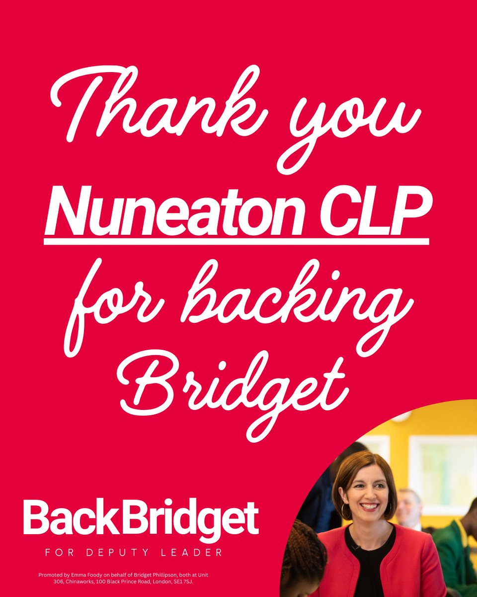 Back Bridget (@backbridget2025) on Twitter photo Thank you Nuneaton CLP for nominating <a href="/bphillipsonMP/">Bridget Phillipson</a> to be the next Deputy Leader of the Labour Party 🎉 Thank you Nuneaton CLP for nominating <a href="/bphillipsonMP/">Bridget Phillipson</a> to be the next Deputy Leader of the Labour Party 🎉