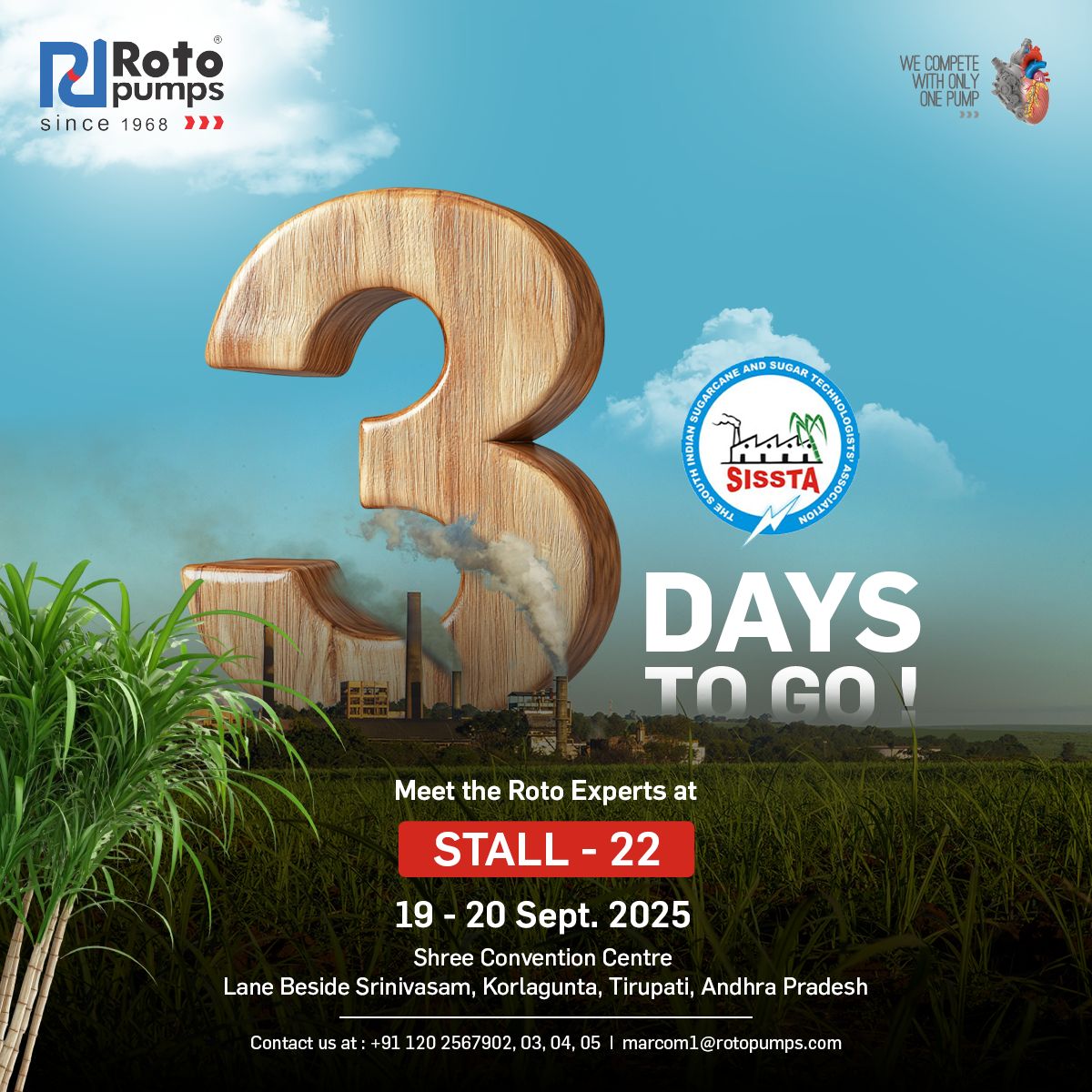 Rotopump's tweet photo. All Roads of the #SugarIndustry Lead to #Tirupati in 3 days. #Countdown is on — See you at #SISSTA2025!
Join us &amp; experience how our #futureready #pumps can #transform  your #SugarProcessing. https://t.co/UF2UIwDj7J