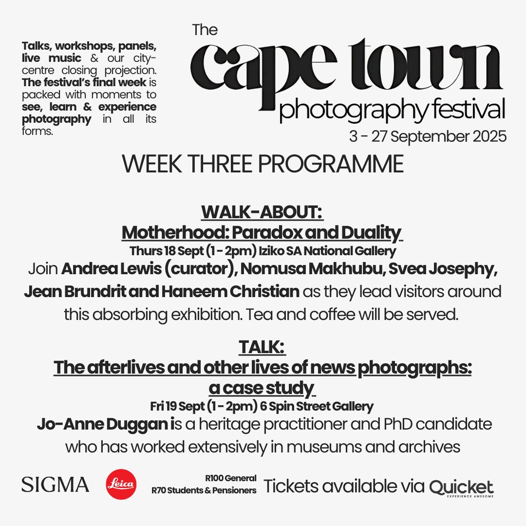 CPTPhotoFest's tweet photo. The festival enters its third week with an inspiring programme of talks, workshops, panel discussions, live music, and special happenings across Cape Town. 
🎟 Tickets &amp; info via Quicket: https://t.co/EvLoYh103c https://t.co/gkCJ6XluL8