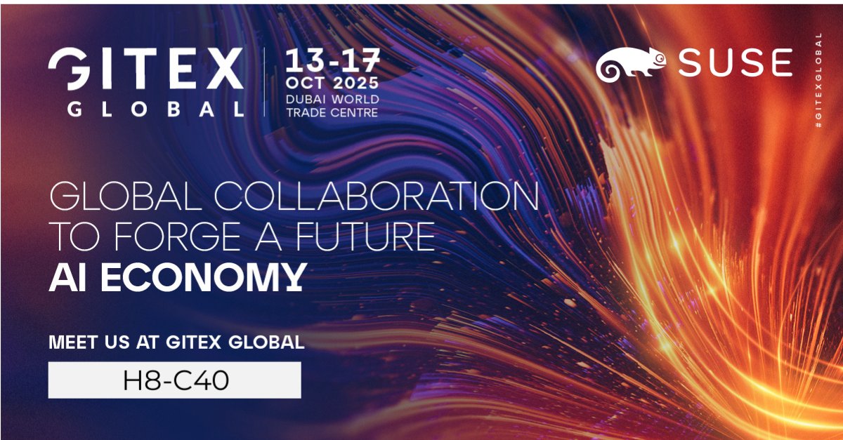 🌍 SUSE is heading to #GITEXGlobal 2025! 🚀 📅 13–17 Oct | 📍 Dubai World Trade Centre — Hall 8, Stand C40
🔊 Live talks 
🧪 Demos 
🤝 Partner showcases

Explore the future of #OpenSource innovation with us. 
#SUSE #Innovation #CloudNative #EdgeComputing #AI #TechEvents