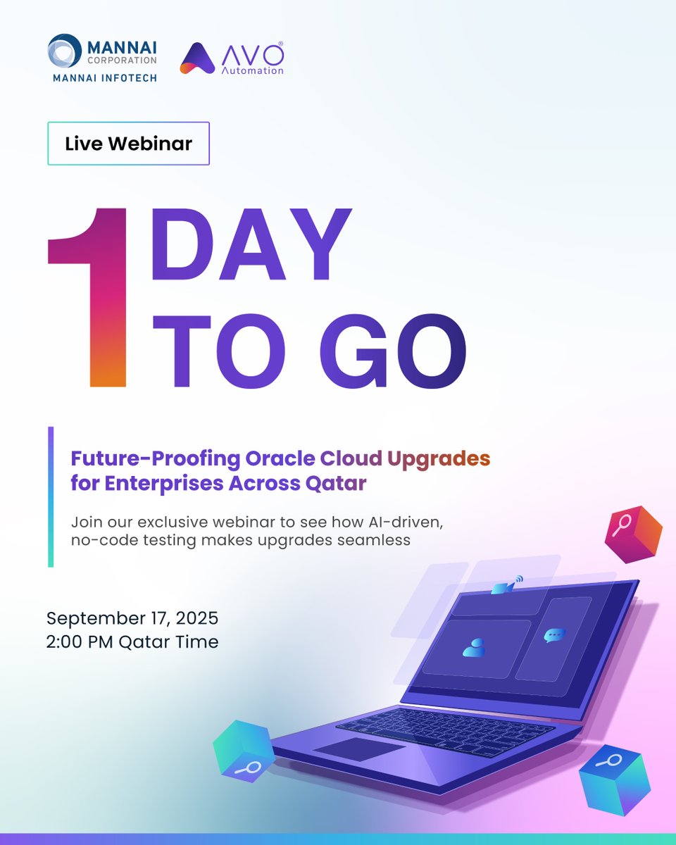 InfotechMannai's tweet image. 🚀 Only 1 day left!
Join us tomorrow as we explore how no-code automation with @AvoAutomation can turn #OracleFusion testing from a bottleneck into a breakthrough
💡Real insights, real solutions — live!
Link: hubs.la/Q03D-0KS0
#MannaiInfoTech #AvoMannai #MannaiWebinar