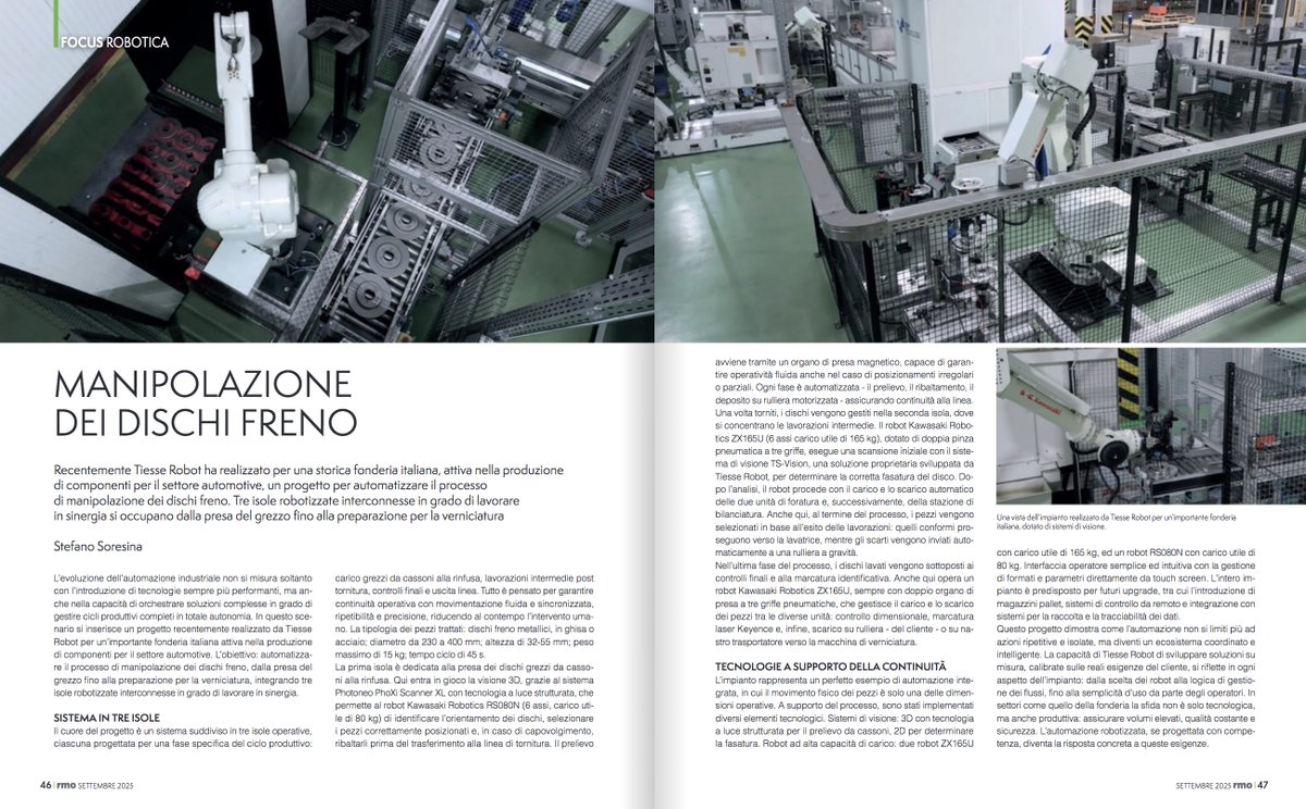 meccanica_plus's tweet image. #Automazione #TiesseRobot per la manipolazione di #dischifreno in una fonderia italiana, grazie a tre isole robotizzate interconnesse dedicate a presa dei pezzi grezzi, preparazione e #verniciatura. 
L’articolo nel Focus #Robotica su #RMO di settembre.

tech-plus.it/brochure/rmo/2…