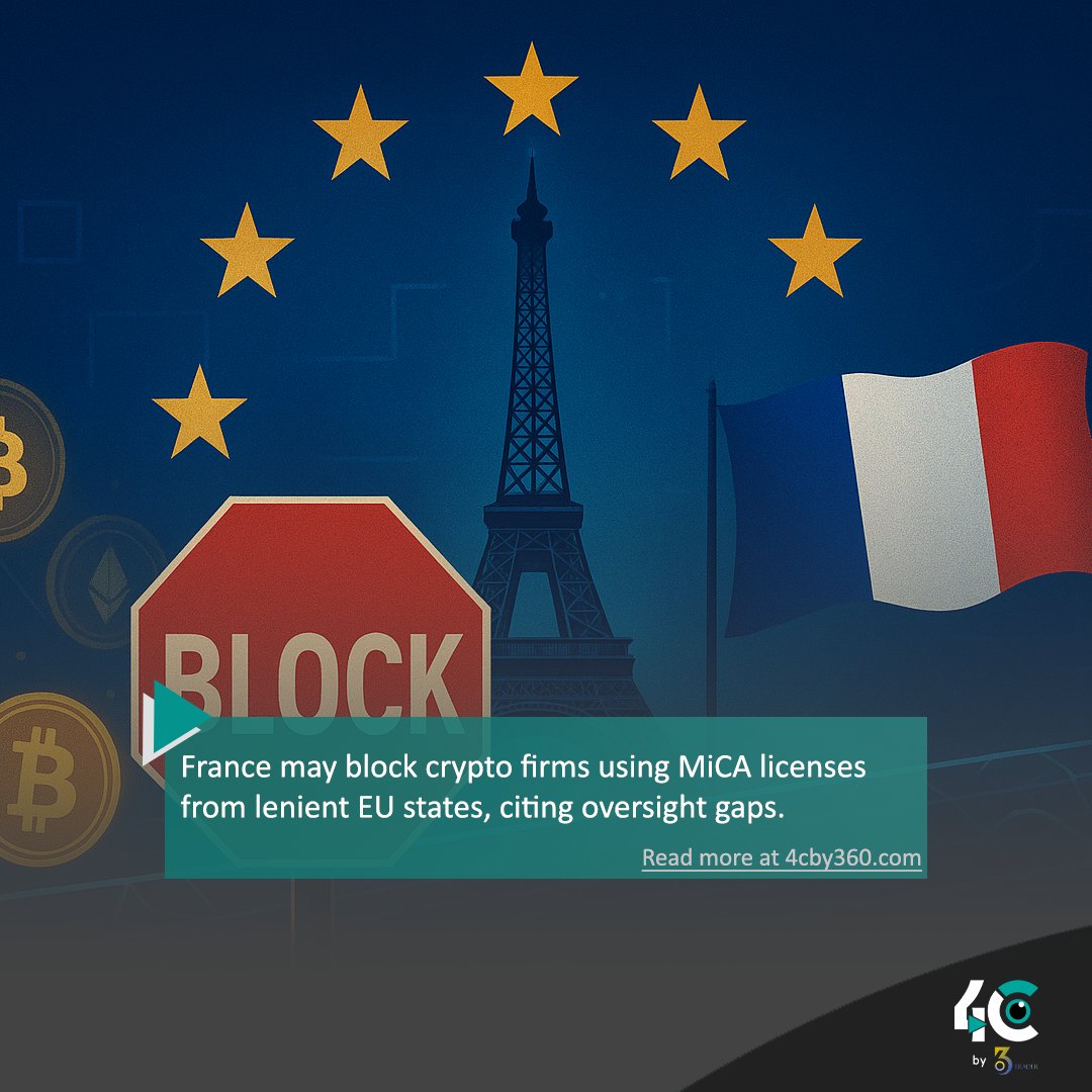 4cby360's tweet photo. 🇫🇷 France may block crypto firms using MiCA licenses from lenient EU states, citing oversight gaps.
Europe tightens crypto control. 🔐
#FranceCrypto #MiCA #CryptoRegulation #Web3Compliance #DigitalAssets #CryptoMarkets #BlockchainPolicy #CryptoAdoption #4cby360 https://t.co/u767gED6QO