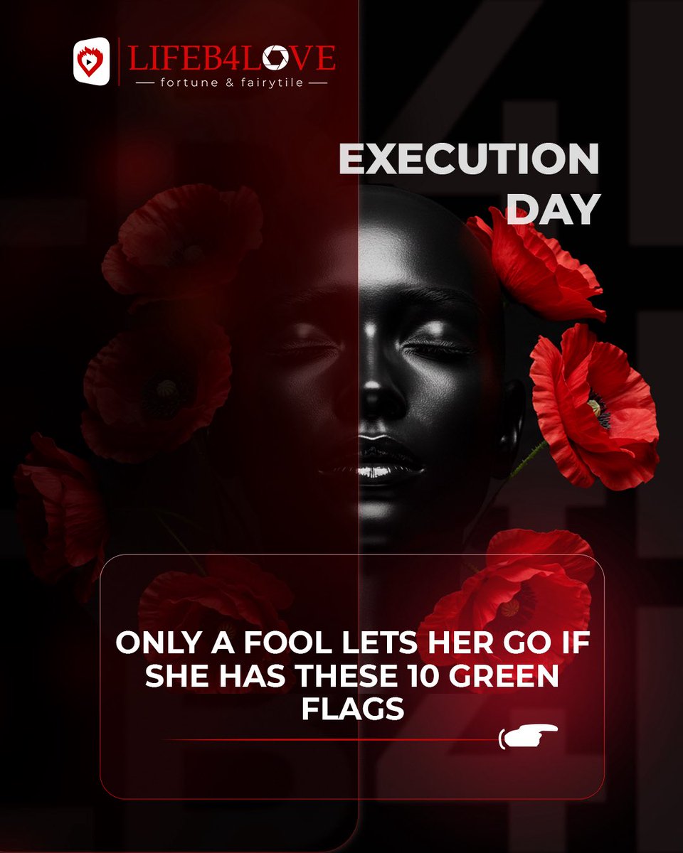 lifeB4love's tweet photo. Would you recognize a real one if she stood in front of you?
Too many men chase illusions and let queens slip through their fingers.
If she shows these 10 green flags hold on tight. 💯❤️🔥
#Lifeb4Love #FortuneAndFairytales #ExecutionDay #GreenFlags #LoveWisdom #DontFumble https://t.co/byzrL6ooFF