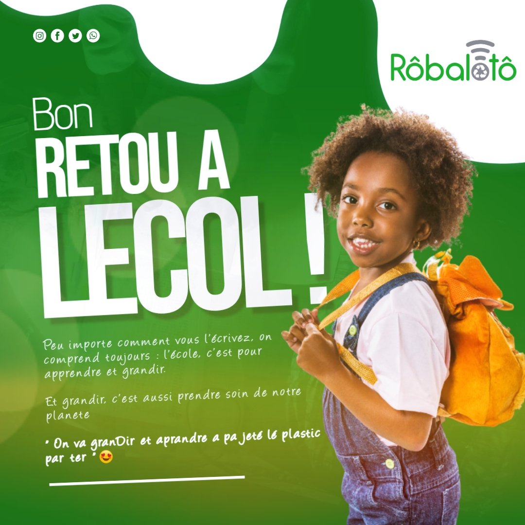 Bonne rentrée des classes à tous nos RôbaKids 💚 

On crie quand vous êtes là, et vous nous manquez quand vous êtes en classe. Cette année, on va grandir et apprendre à ne pas jeter le plastique n’importe où ! 

#Rôbalôtô #Togo #Benin