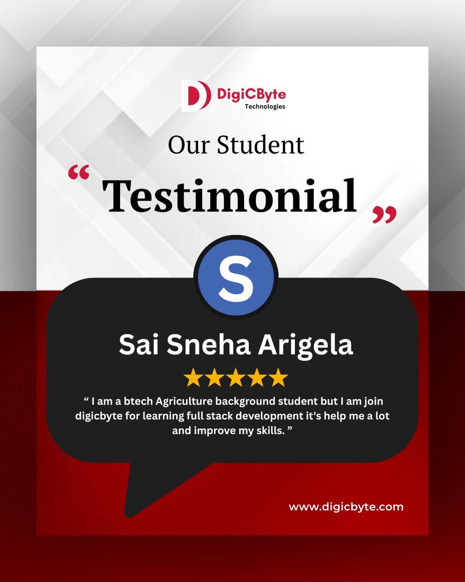 digicbyte_tech's tweet image. Student Success Story
From an agriculture background to mastering Full Stack Development, Sai Sneha Arigela proved that passion & the right guidance can open doors to tech.
#DigiCByteTechnologies #StudentSuccess #LearningWithDigicByte #TechEducation #FullStackDevelopmentCourse