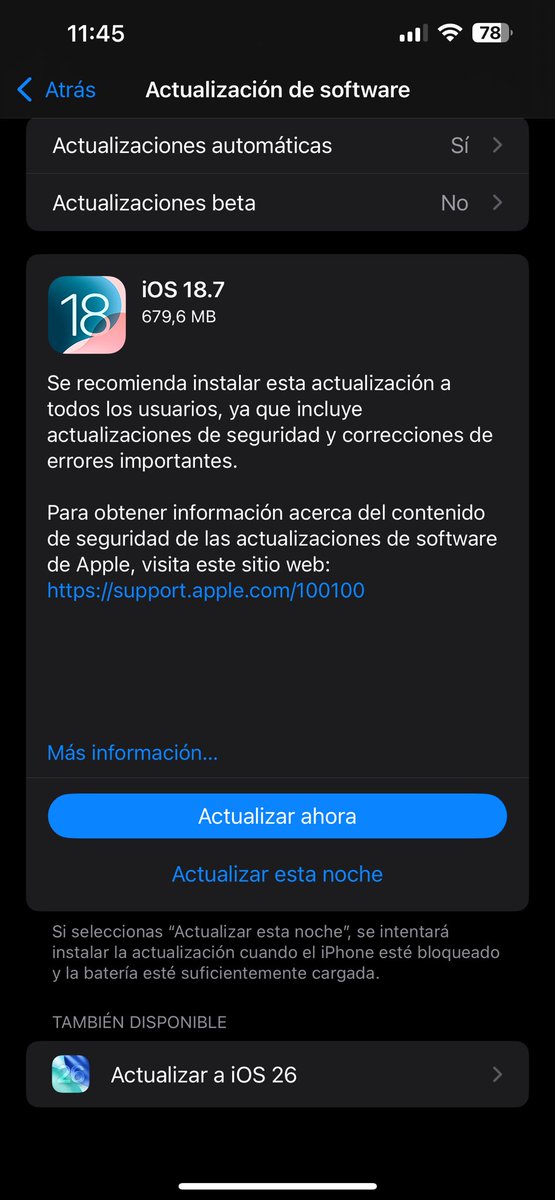 CoderIban's tweet image. Podemos elegir entre actualizar a 18.7 o bajar hasta abajo y actualizar directamente a IOS 26. Cosas de #apple