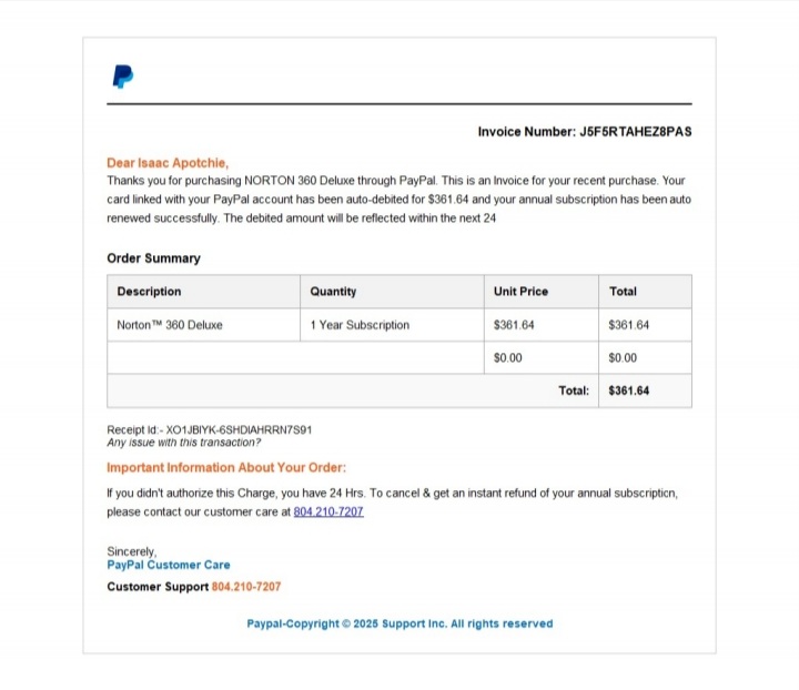 ApotchieIsaac's tweet photo. @PayPal Good morning, I received an email on 11th September 2025 indicating that I purchased a Norton 360 Deluxe through PayPal for 361.64 dollars. I am in Ghana and I don't have a PayPal account. PayPal is not available in Ghana. Kindly stop this impersonation act. Thank you. https://t.co/0oN93bs8IQ
