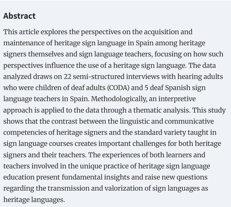 🚨 New publication alert! 🚨
"Perspectives on heritage sign language acquisition and maintenance". Explore how heritage sign languages are acquired and preserved.
Journal of Deaf Studies and Deaf Education
Co-authored with Stephanie Papin <a href="/stefpapin/">stefpapinry</a> 
🔗 doi.org/10.1093/jdsade…