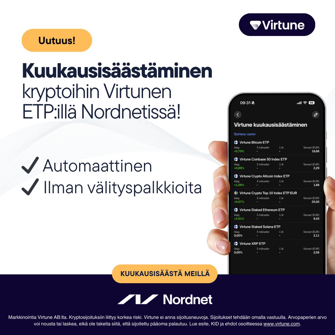 Mainos @VirtuneAB Virtune ja Nordnet lanseeraavat Pohjoismaiden  ensimmäisenä kuukausisäästämisen kryptoihin – ilman välityspalkkioita!  Sijoita joka kuukausi automaattisesti kiinteä summa ja hajauta ostosi  ajallisesti. Näin pitkäjänteisen kryptosalkun ...