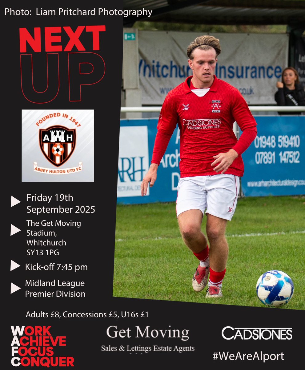 FRIDAY UNDER THE LIGHTS🔴⚪️

Who doesn’t love an evening match under the lights at the <a href="/GetMovingEstate/">Get Moving</a> Stadium!! 

Well on Friday night we get to do it when we host <a href="/HultonUtd/">Abbey Hulton Utd FC</a> in the <a href="/MidlandLeague/">Capelli Sport Midland Football League</a> as we look to build on last weekends win #WeAreAlport🔴⚪️