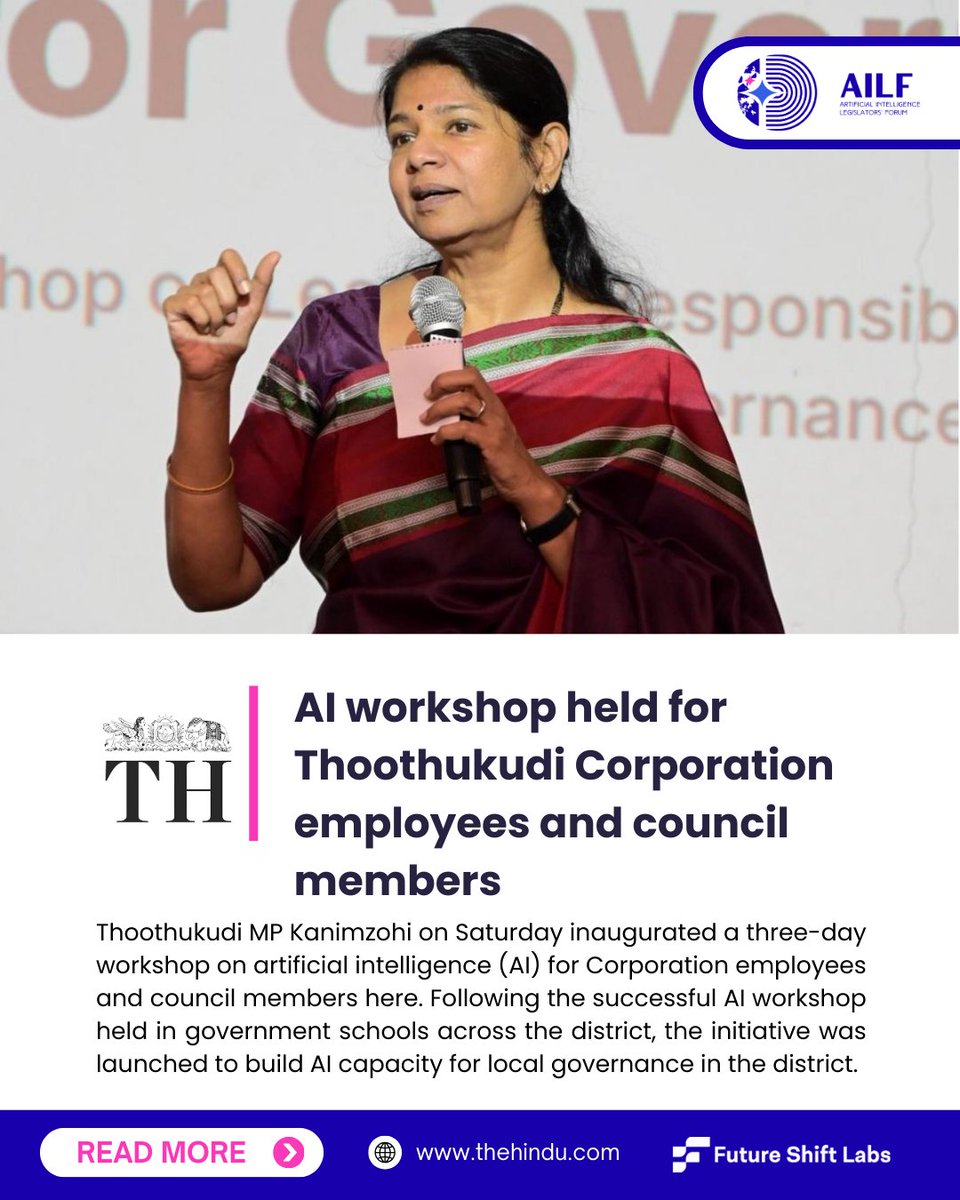 Future Shift Labs (@futureshiftlabs) on Twitter photo As AI becomes central to governance, the focus must be on preparing institutions at every level.
In Tamil Nadu, MP <a href="/KanimozhiDMK/">Kanimozhi (கனிமொழி)</a> inaugurated the AI for Governance workshop, an effort of <a href="/AILF_INDIA/">AILF INDIA</a> by Future Shift Labs - featured in The Hindu.
#Media #Governance #TheHindu As AI becomes central to governance, the focus must be on preparing institutions at every level.
In Tamil Nadu, MP <a href="/KanimozhiDMK/">Kanimozhi (கனிமொழி)</a> inaugurated the AI for Governance workshop, an effort of <a href="/AILF_INDIA/">AILF INDIA</a> by Future Shift Labs - featured in The Hindu.
#Media #Governance #TheHindu