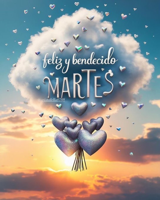 A cloud with the text "feliz y bendecido MARTES" in stylized lettering. Below the cloud, a cluster of heart-shaped balloons in shades of purple and blue floats against a sunset sky with orange and blue hues. Scattered smaller hearts in similar colors are visible around the cloud.