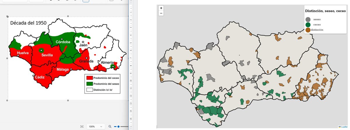 El comienzo del mapa más difícil y más esperado del "Atlas Lingüístico Interactivo de los Acentos de Andalucía" #ALIAA: extensión del ceceo/seseo/distinción /s/-/θ/(s-z) en Andalucía. A la izquierda la situación en los 1950, a la derecha el comienzo del mapa con datos de los 2020