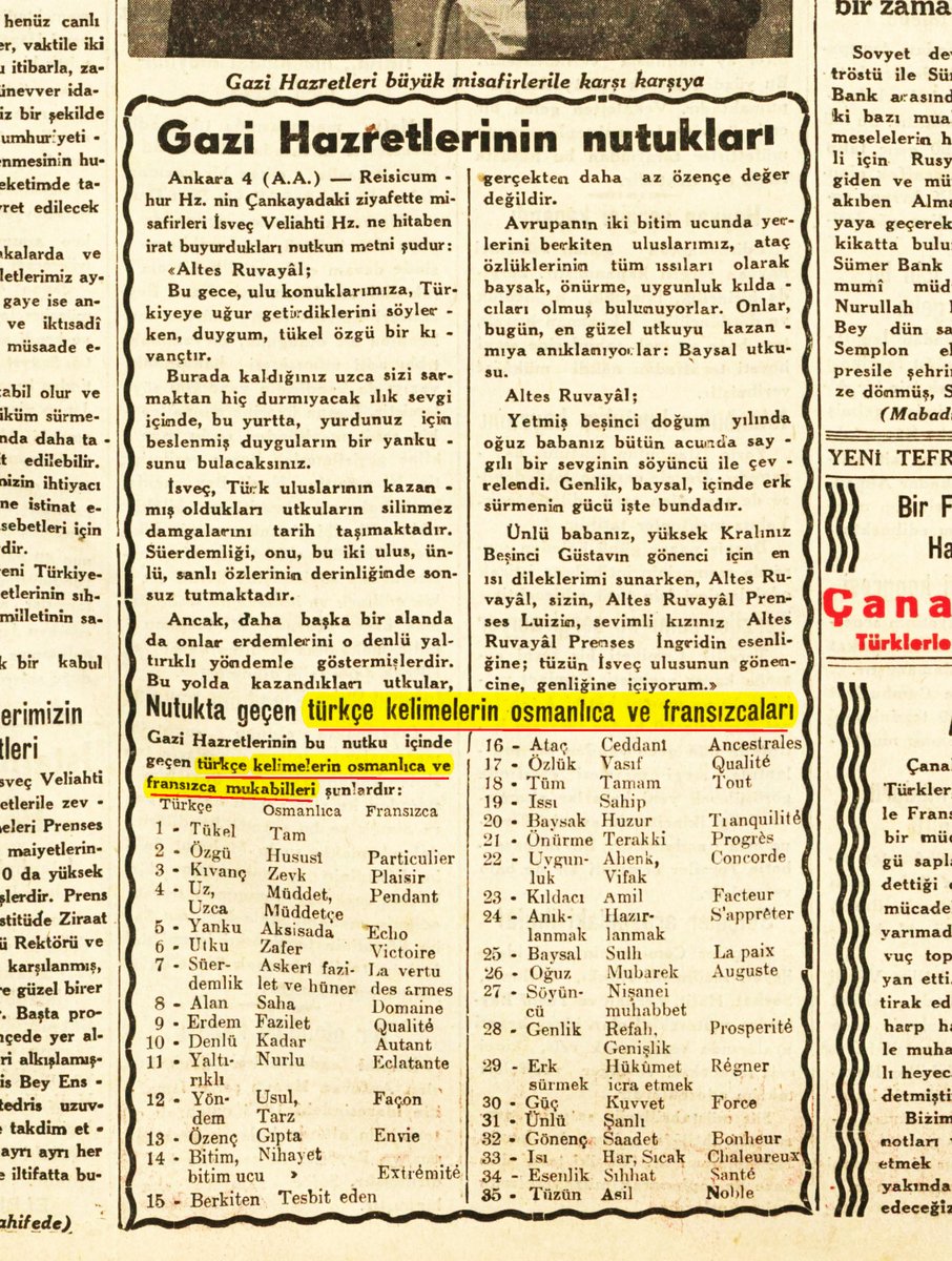 Atatürk, İsveç Veliahtı Gustav'a 3 Ekim 1934'te verdiği öztürkçe söylevi, gazetelerde, bu öztürkçe sözlerin Osmanlıca ve Fransızca karşılıklarıyla birlikte, üç dilli olarak yayımlattı ve Türk dilinin Osmanlıca'dan başka olduğunu gösterdi. (Cumhuriyet, 5 Ekim 1934)
