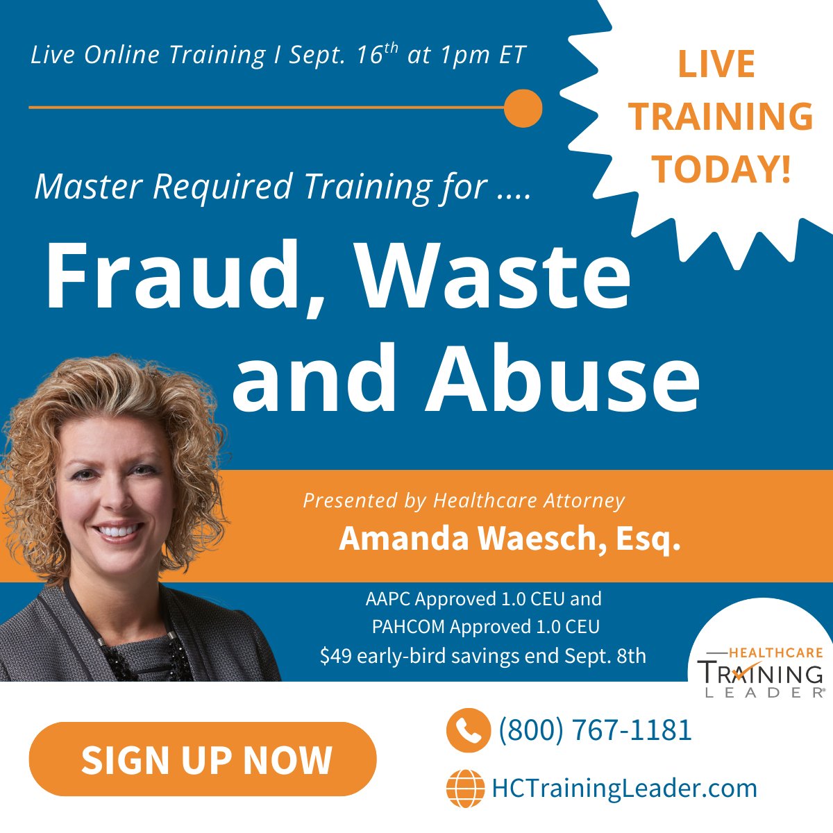 Time is running out to save your spot for TODAY’S essential live webinar:
“Guarantee Compliance: Required Fraud, Waste and Abuse Training”
with healthcare attorney Amanda Waesch, Esq.

1PM EST | Live Q&amp;A Included

hubs.ly/Q03JwFGS0