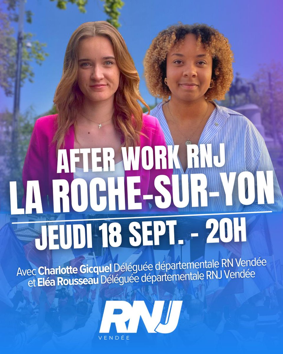 RNJ_Vendee's tweet photo. 🔵 Le RNJ Vendée vous convie à son after work de rentrée de l'année 2025 !

Réservez votre place en nous demandant le lien d'inscription en mp ou retrouvez le en biographie.

Hâte de vous voir nombreux ! https://t.co/M6XETcliml