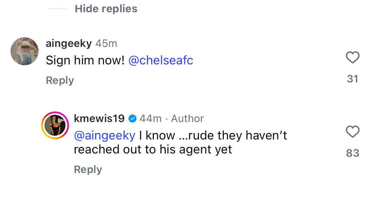 Someone said Chelsea needs to sign Jagger and Kristie’s response is sending me 😂😂