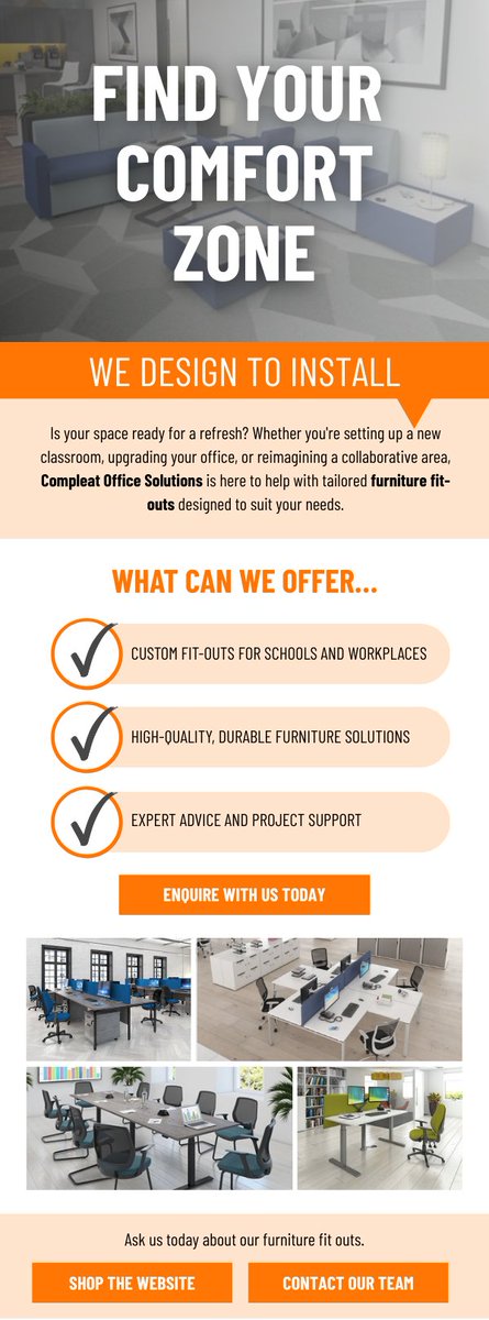 Is your space ready for a refresh? 🪑

From new classrooms to upgraded offices, Compleat Office Solutions has you covered. Tailored furniture fit-outs, designed to suit your needs.

Let’s create a space!

Visit our website: compleatofficesolutions.co.uk

#OfficeDesign